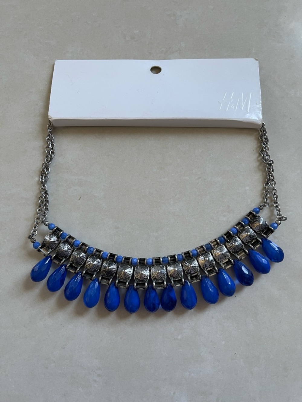 H&M Royal Blue Teardrop Bib Necklace with Silver Accents